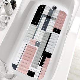 KINUUIS Pink Black Bath Tub Mat Non Slip, Modern Geometric Large Washable Shower Mats with Drain Holes and Suction Cups,40 X 16 Inch