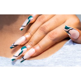 NayToe Nailz Press on Nails – Premium Reusable Press On Nails with Fun Scally Green Print - Press On Nails Long for Stylish Manicures – 24 Nails with Nail Glue for Press On Nails and Adhesive Tabs (Green and White Swirl)