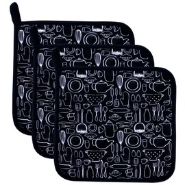 Lifaith 100% Cotton Kitchen Everyday Basic Pot holder Heat Resistant Coaster Potholder for Cooking and Baking 20cmx20cm Set Of 3 Black