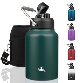 Konokyo Half Gallon Jug with Handle,64 oz Insulated Water Bottle with Carrying Pouch,Double Wall Vacuum Stainless Steel Metal Bottle,Dark Green