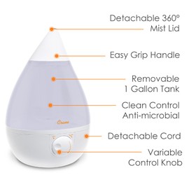 Crane Ultrasonic Humidifiers for Bedroom and Office, 1 Gallon Cool Mist Air Humidifier for Large Room and Home, Humidifier Filters Optional, White