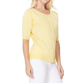 YEMAK Women's Knit Cardigan Sweater – Short Half Sleeve Crewneck Basic Classic Casual Button Down Soft Lightweight Top MK3467-YEL-M Yellow