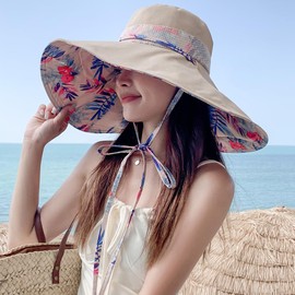 6" Extra Wide Brim Sun Hats UPF 50+ UV Protection Packable Beach Hat Strap Women (Khaki)