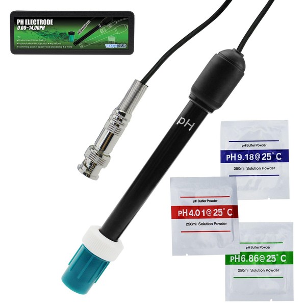 0.00~14.00PH Probe Electrode with BNC Cable for Water,Pool,Hydroponics,Calibration Powder,Aquarium (300 cm Electrode)