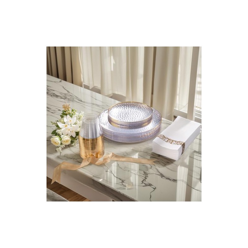 DaYammi 175PCS Clear Gold Plastic Dinnerware Set, Plastic Plates Disposable