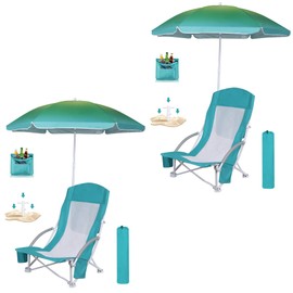 WGOS Beach Chair, Beach Chair with Umbrella, Beach Chair for Adults Camping Chair High Back with Umbrella and Cooler, Portable & Lightweight for Beach, Outdoor, Camping (Set of 2 Blue)
