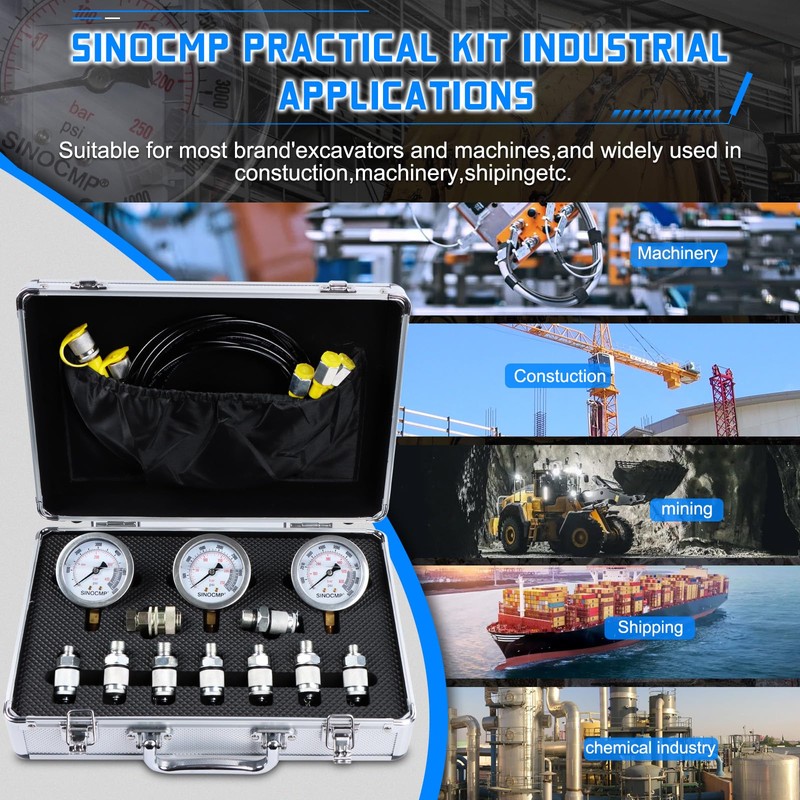 SINOCMP Hydraulic Pressure Gauges Test Kit 4000/6000/10000PSI, 9 Couplings 3