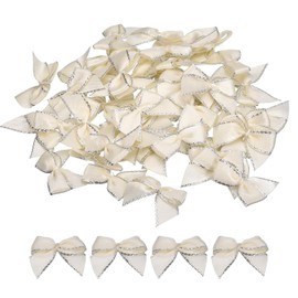 QUARKZMAN Pack of 50 Mini Bows 25 mm Satin Ribbon Bows with Silver Lines Edge Small Christmas Tree Bow Gift Bows Jewellery for Crafts DIY Hair Bow Party Gift Cream White