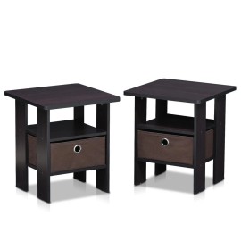 Furinno Andrey End Table Nightstand with Bin Drawer Set of 2, Dark Walnut,...