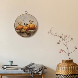 Sufamb Fall Pumpkin Bird Round Wall Art Decor, Rustic Farmhouse Autumn Pumpkin Bird Canvas Artwork Framed, Vintage Fall Wall Hanging Prints Decorations for Home Bedroom Living Room Decor, 10x10 Inches