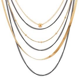COOLSTEELANDBEYOND Black Gold Statement Choker Collar Necklace Waterfall Multi-Strand Chains Ball Charms Pendant, Dress