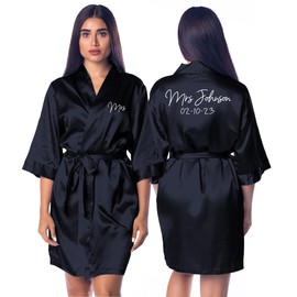Pretty Robes Silk Satin Robes for Women Short Womens Kimono Robe Bridesmaid Bride Robes for Wedding and Bridal Party (Black, Small-Medium)