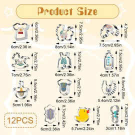 12Pcs Baby Shower Cookie Cutter Set, Baby Shirt, Onesie, Bell, Stroller, Bottle, Rocking Horse, Scarf, Duck, Flower, rainbow Stainless Steel Cookie Cutters for Baby Shower Birthday Party
