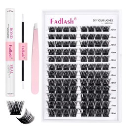 FADLASH Lash Extension Kit Lash Clusters 12-18mm Eyelash Clusters Individual with Bond and Seal and Lash Tweezers DIY at Home (F2-12-18 Kit)