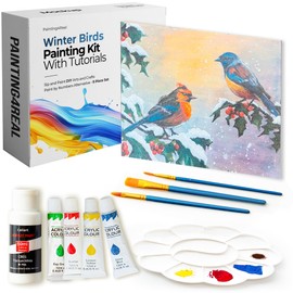 Painting4Real DIY Painting Class Kit for Adults: Learn to Paint Winter Birds with Video Tutorials – Indoor Christmas Decorations – Hang Christmas Picture/Art as Wall Decor Once Completed