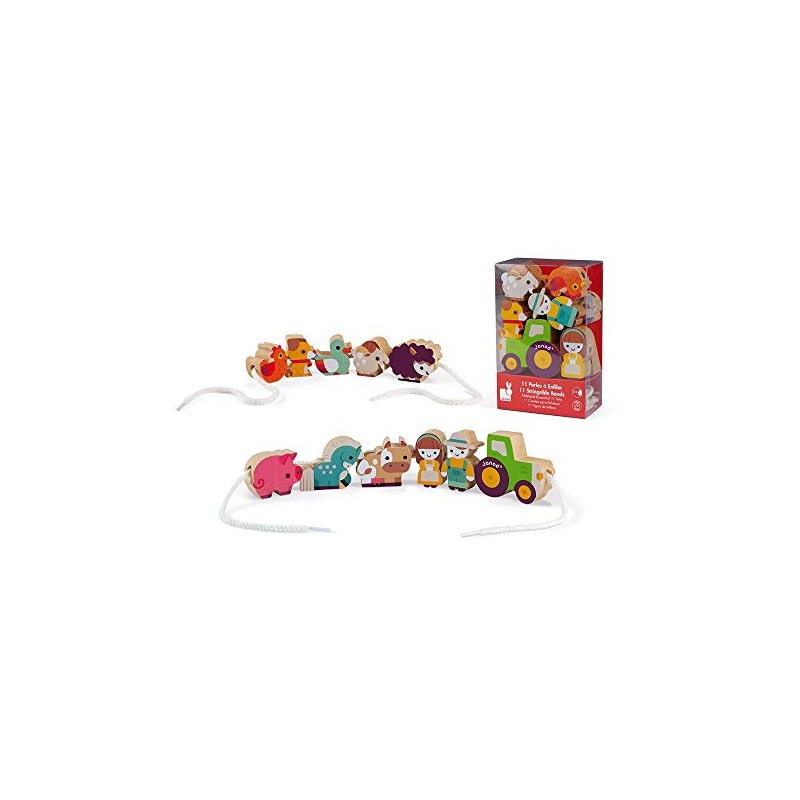 Janod Stringable Farm-Themed Wooden Beads - 11 Pieces - Ages