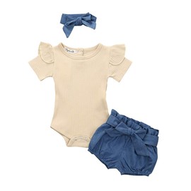 Newborn Baby Girls Clothes Knitted Ruffle Short Sleeve Romper Jumpsuit Denim Shorts Pants +Headband 3Pcs Summer Outfits Set (Khaki, 12-18Months)