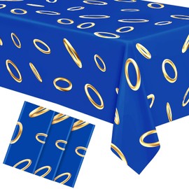 ANLLECR 3Pcs 108 x 54 Inches Blue with Gold Ring Print Tablecloth,Video Games Cartoon Themed Tablecloths,Blue Disposable Rectangle Plastic Table Cover for Boys Girls Birthday Party Decoration