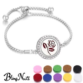 BlingNuts Stainless Steel CZ Essential Oil Diffuser Bracelet Rose Flower Aromatherapy Locket Bracelet with 10 Pcs Refill Pads for Women