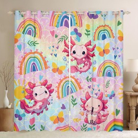 Feelyou Cute Axolotl Window Drapes Cartoon Salamander Curtains for Kids Boys Girls Rainbow and Butterflies Window Curtains for Bedroom Living Room Ombre Window Treatments, 42W X 84L,2 Panels