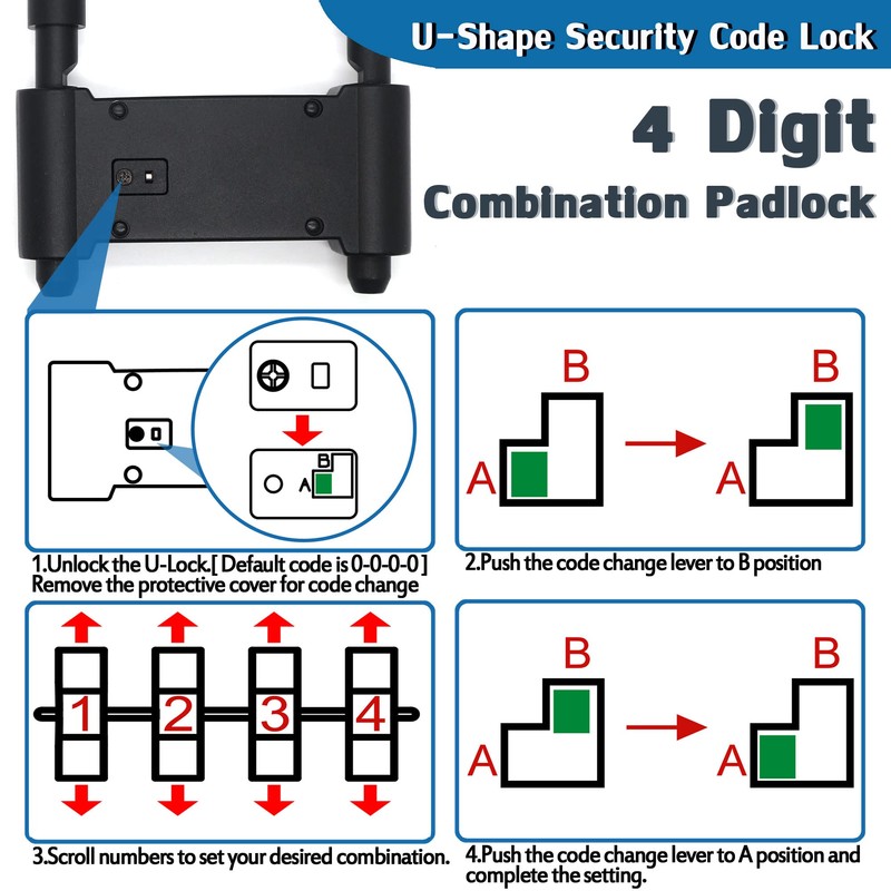 4 Digit Combination Padlock, Heavy Duty Anti Theft U-Shape Security
