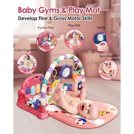 dearlomum Baby Play Mat Baby Gym,Funny Play Piano Tummy Time Baby Activity Mat with 5 Infant Sensory Baby Toys, Music and Lights Boy & Girl Gifts for Newborn Baby 0 to 3 6 9 12 Months (Pink)