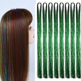 Hair Tinsel Extensions Green 44 Inch Glitter Tinsel Hair Kit Sparkling Fairy Hair Accessories for Women Kids Girls 8 Pcs 200 Strands/Pcs