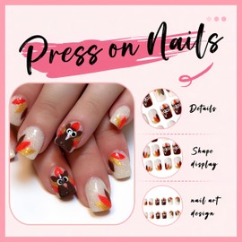 24Pcs Fall Press on Nails Short Square Fake Nails Glitter Turkey False Nails Autumn Thanksgiving Turkey Glue on Nail French Artificial Acrylic Nail Thanksgiving Nails for Women Manicure Decoration