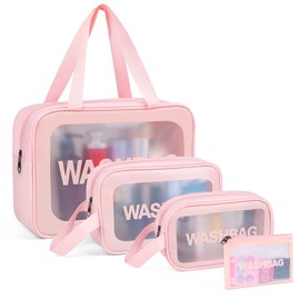 YuanCheng Upgrade Travel Toiletry Bags for Women, Pack-4 Different Size Make Up Bags with Handle, Large Capacity Translucent Waterproof Travel Cosmetic Bags, Comestic Bag-Pink, Large Capacity Translucent Waterproof Travel Cosmetic Bags