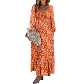 Dokotoo Womens Casual Loose Bohemian Floral Dress with Pockets Smocked Waist Long Sleeve Button Down Square Neck Flowy Cute Boho Beach Vacation Sundress Ruffle Soft Long Maxi Dresses Orange Medium