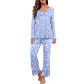 PrinStory 2025 Women's Pajama Set Long Sleeve Sleepwear Ladies Lounge Set Soft Pjs Loungewear FP-Spot Blue-L