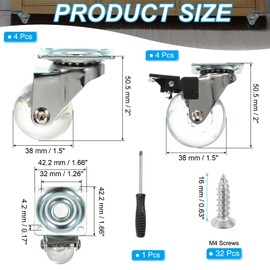PATIKIL 1.5 Inch Swivel Caster Wheels, 4 Pcs Clear PU Rolling Castors with 360 Degree Top Plate Furniture Wheels 165Lbs with Screws Screwdriver for Cabinet (4 with Brake, 4 Without)