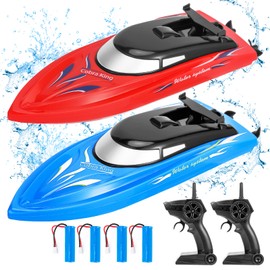 Emorefun 2 Pack RC Boat Remote Control Boats, 2.4 GHz RC Boat with 4 Rechargeable Batteries for Kids and Adult, Pool Toys, Lake Toys, Party Favors, Family Games for Boys and Girls (Blue/Red)