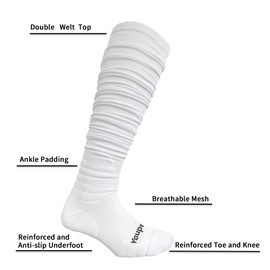 Youper Scrunch Padded Football Socks 2 Pack, Extra Long Sports Soccer Socks for Men & Boys, White, L