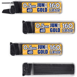 June Gold 640 Pieces, 0.5 mm 4B Lead Refills, 160 Pieces Per Dispenser, Fine Thickness, Break Resistant Lead/Graphite (Pack of 4 Dispensers)