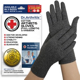 Doctor Developed Full Length Cotton Arthritis Gloves & Handbook (Grey, Large)