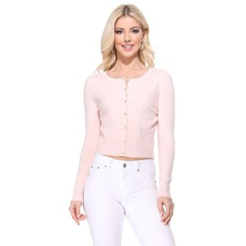 YEMAK Women's Cropped Cardigan Sweater – Long Sleeve Crewneck Basic Classic Casual Button Down Knit Soft Lightweight Top MK5502-Blush-M