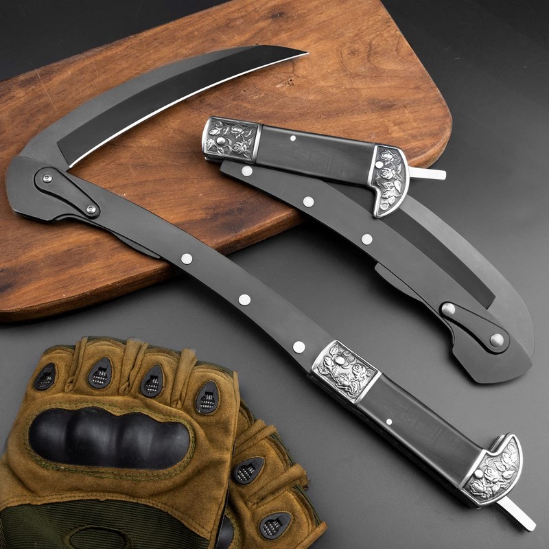 VALHALLA Folding Sickle, Black Sharp Folding Scythe with 2 Sections,