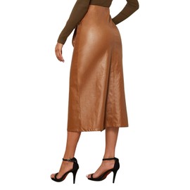 SweatyRocks Women's Elegant High Waist Tie Knot Wrap PU Leather Midi Skirts Brown M