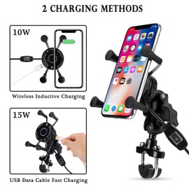ANKBOY ANKBOY 15W Fast Charging Adapter, Wireless Qi Motorcycle Phone Holder with 4 Jaw Mechanical Locking, 360 Rotating Aluminum Alloy, Compatible with 3-7 inch Smartphones
