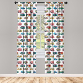 Lunarable Cars Window Curtains, Vintage Travel Trailers Colorful Vehicles Geometric Patterns Camping Holiday, Lightweight Decor 2-Panel Set with Rod Pocket, Pair of - 28" x 63", Coral Blue