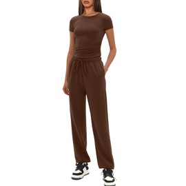 Darong Women's Summer 2 Piece Outfits Casual Short Sleeve Sweatsuits Matching Sweatpants Tracksuits Lounge Sets Fashion Clothes 9086A Coffee M