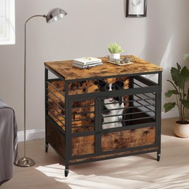 YITAHOME 32" Dog Crate Furniture with Wheels, Farmhouse Decorative Wood Dog Cage End Table Chew-Resistant Wooden Dog Kennel Indoor for Small Dogs, Rustic Brown