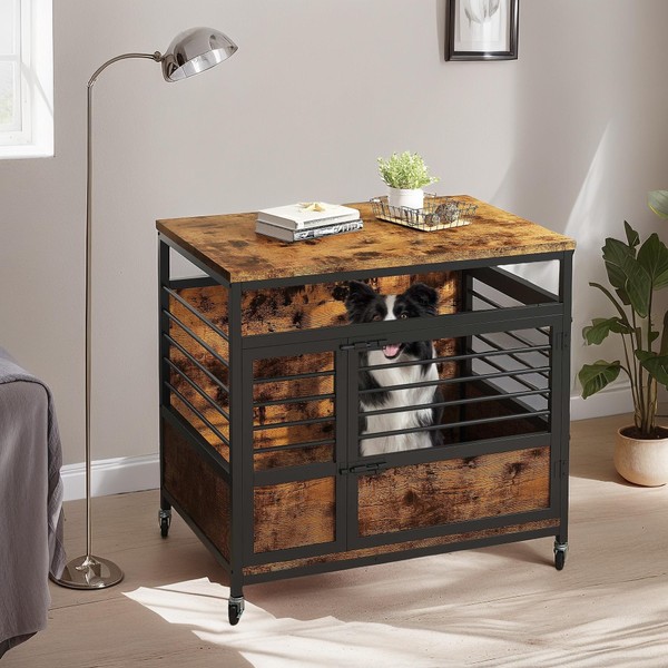 YITAHOME 32" Dog Crate Furniture with Wheels, Farmhouse Decorative Wood