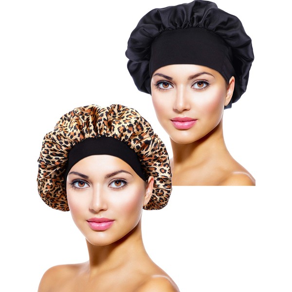 Satin Bonnet Night Sleep Hat / Head Cover for Women Girls 2 Pieces - Black, leopard printed