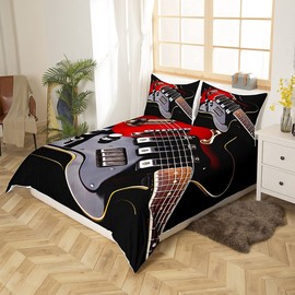 Guitar Duvet Cover, Music Theme Comforter Cover Set for Boys Teens Rock Musical Instrument Pattern Red Black Bedding Set, Soft Microfiber Bedspread with Zipper Ties, Double Size
