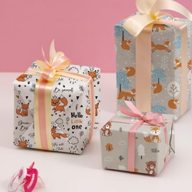SaringSwoon Baby Shower Wrapping Paper - Gift Wrap With Funny Fox, Bear, Rabbit, Hello Little One, Floral and Woodland Design for Kids Birthday, Christmas - 20×29 Inches, 8 Folded Sheets