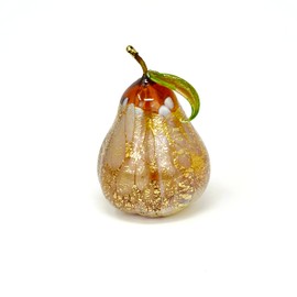 MY ITALIAN DÉCOR Murano Blown Glass Pear, 3'' Amber with White Macchia Dusted w/24k Gold, Hand Blown in Murano, Italy