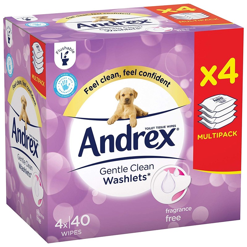 Andrex Gentle Clean Flushable Washlets, Fragrance Free, 4 Packs