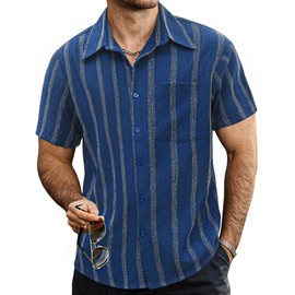 VATPAVE Mens Summer Striped Shirts Button Down Short Sleeve Vintage Beach Hawaiian Shirts with Pocket X-Large Dark Blue